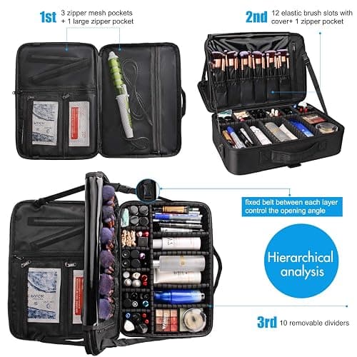 Relavel Makeup Case Large Makeup Bag Professional Train Case 16.5 inches Travel Cosmetic Organizer Brush Holder Waterproof Makeup Artist Storage Box, 3 Layer Large Capacity, with Adjustable Strap thumbnail 4