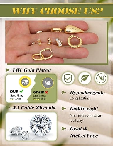 LOLIAS Hypoallergenic 14K Gold Plated Hoop Earring Stacks for Women -Huggie Stud Hoop Earrings Small Stainless Steel Cartilage Earring Sets for Multiple Piercing Lightweight 9Pairs thumbnail 4