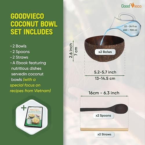 GoodVieco Coconut Bowl Set (2, Polished) – Natural Coconut Shell Bowls with Bamboo Straws & Wooden Spoons – Eco Friendly Gifts for Vegan, Smoothie, Acai, Buddha, Yogurt & Sustainable Meals thumbnail 3