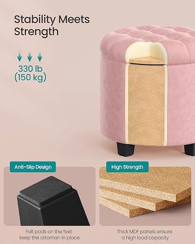 SONGMICS Round Ottoman, Ottoman with Storage, 17.7 x 17.7 x 17.5 Inches, Foot Rest with Legs, Velvet, Load up to 330 lb, for Living Room, Bedroom, Jelly Pink ULOM012R01 thumbnail 4