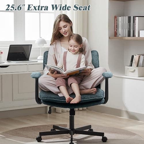 Kassipo Cross Legged Office Chair, Upholstered Criss Cross Desk Chair with Wheels and Flip-Up Armrests, Wide Seat Chair for Home Office, Vanity, Apartment, Dark Green - Green thumbnail 4