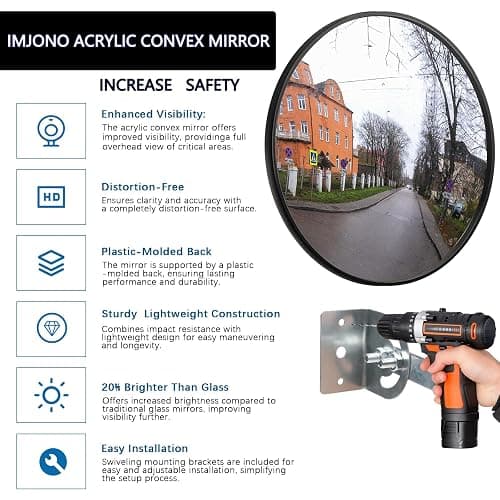 IMJONO 12" Acrylic Convex Mirror – Adjustable Wide Angle View Traffic Mirror for Enhanced Security Coverage in Rooms, Offices, Warehouses, Parking Lots, and Addressing Corner Blind Spot Areas thumbnail 6
