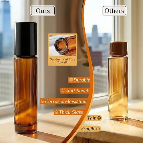 PrettyCare 12-Pack Roller Ball Applicator- Amber Glass Roller Bottles for Essential Oil with Stainless Steel Roller Ball - 10 ml Refillable Leak-proof Empty Roll on Bottles with Caps for Perfume thumbnail 5