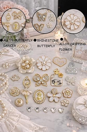 AVELICE Junk Case Large Charm Kit, White Phone Case Charms with Large Rhinestone Butterfly,Alloy Dancer&Flower, Camellia and Assorted White Floral Charms for DIY Girls & Social Media Crafting thumbnail 5