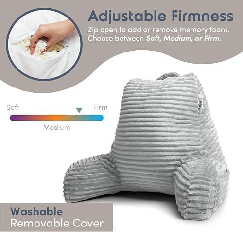 Nestl Reading Pillow with Shredded Memory Foam, Luxe Cut Plush Back Pillow for Sitting Up in Bed, Back and Arms Adjustable Support for Adult & Teens, Backrest Pillows with Washable Cover Light Grey thumbnail 5
