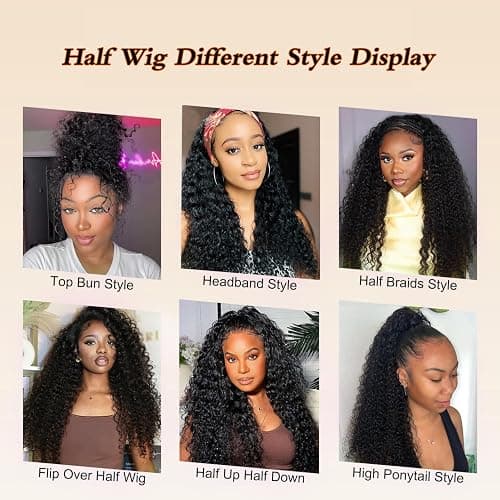 XSY Half Wig Human Hair Deep Wave 20 Inch Curly Human Hair Half Wig Drawstring Glueless Wear Go Half Wigs for Black Women 3 In 1 Seamles Flip Over Beginner Friendly 180% Density Natural Black Colour thumbnail 6