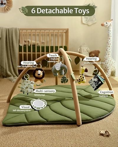Blissful Diary Baby Play Gym & Activity Mat, Oversize Leaf Shaped Baby Play Mat w 6 Detachable Toys, Tummy Time Mat Promote Motor Skills & Sensory Development Mat, Newborn Infant Baby Essentials Gift thumbnail 4