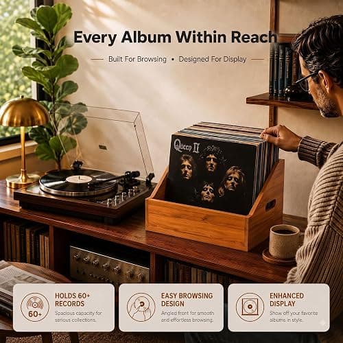 Wood Vinyl Record Storage, Retro & Durable Vinyl Crate and Record Holder, Album Storage Record Case Box for 60+ Records, Perfect Record Organizer for Home Decor and Collection Display(Brown) thumbnail 3