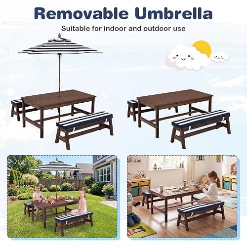 Costzon Kids Picnic Table, Fir Wood Toddler Outdoor Table & Bench Set w/Removable Umbrella & Cushions, Stripe Fabric, Kids Outdoor Furniture for Patio Backyard Garden, Fits 4 Children Age 3+ (Blue) thumbnail 7