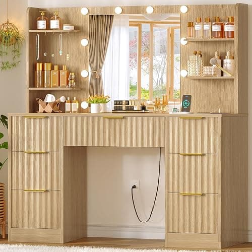 FIONESO Fluted Vanity Desk with Mirror and Adjustable LED Lights & Power Outlet, Makeup Vanity Desk with 7 Drawers,4 Shelves and 5 Hooks, Vanity for Girls, Natural Oak - Image 1