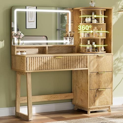47" Makeup Vanity Desk with LED light and HD mirror, Walnut vanity table | 360 Rotating Storage Shelf, 28" Custom Divider Drawer, Built-in Power Hub,Ideal Gift for daughter and yourself in bedroom - Image 1