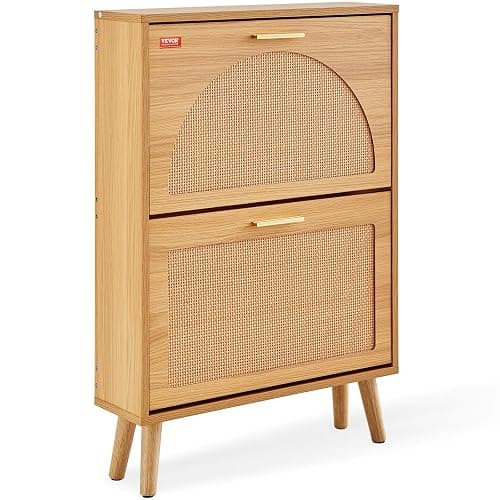 VEVOR Shoe Cabinet with 2 Flip Drawers, Shoe Storage Cabinet for Entryway, Free Standing Shoe Storage Organizer with Rattan Doors for Heels, Boots, Slippers in Hallway, Living Room - 23.62"D x 6.61"W x 34.53"H - Image 1