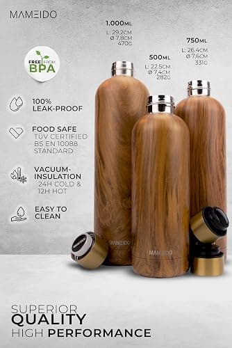 MAMEIDO Thermosflasche 500 ml (Oak Wood Gold) | 12h heiß/24h kalt, auslaufsicher & BPA-frei, Kohlensäure geeignet, Trinkflasche Edelstahl für Sport, Schule, Büro & Outdoor thumbnail 4