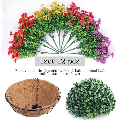 Hananona 2 Set Artificial Outdoor Flowers with Hanging Basket, 2 Hanging Planters with 24 Pcs Flowers for Spring Summer Front Porch Garden Patio Home Decor (2, Red, Purple, Yellow, Rose Red) thumbnail 4
