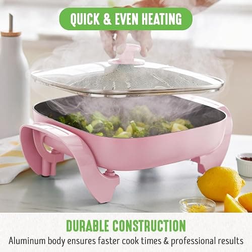 GreenLife12" 5QT Square Electric Skillet, Glass Vented Lid, Ceramic PFAS-Free Nonstick Coated Interior, Adjustable Temperature Control, Cool Touch Handles, Quick Even Heating, Scratch Resistant, Pink - Pink thumbnail 6