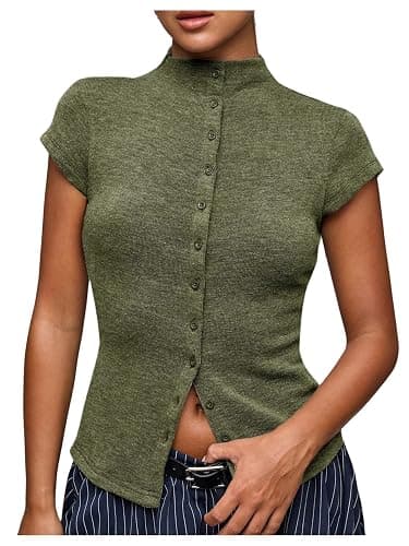 Milumia Women's Cap Sleeve Knit Top Mock Neck Button Down Sweater Tops | Slim Fit, Going Out, Summer, Fall Fashion, Casual, Streetwear, Short Tee, T Shirt, Cardigan Top - Image 1