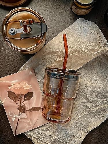 Olvini 13oz Glass Tumbler with Straw and Lid, Reusable Iced Coffee Cup Tumbler, Cute Glass Cups for Water, Matcha, Travel Coffee Mugs (Amber - 13oz) thumbnail 2