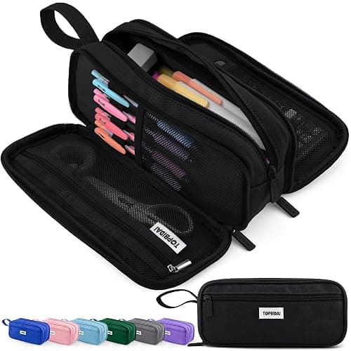 TOPBIDAI Large Pencil Case Pouch for Girls Boy Women Men Adults | Big Capacity Canvas Pencil Bag, Office School Supplies, Multi Compartment Zipper Stationery Pen Box (Coal Black) - Image 1