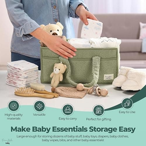PeraBella Baby Diaper Caddy Organizer, Baby Organizers and Storage for Changing Table, Babies Shower Gift Basket for Boy &Girl, Nursery Essentials Car Caddy Organizer with Handle, Green Diaper Basket thumbnail 9