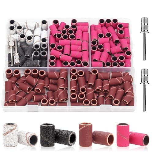 CPOXITI 190 Pcs Sanding Bands for Nail Drill, 2 Pcs Nail Drill Bits Set, 80/120/180/240 Grits Nail Sanding Bands for Acrylic Gel Manicures, Pedicures - Image 1