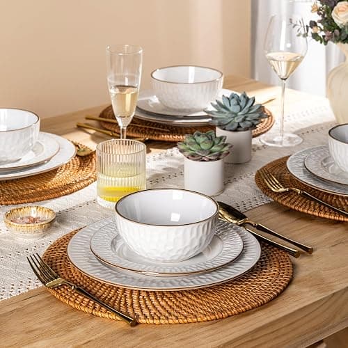 GBHOME Ceramic Dinnerware Sets,12 pcs Embossed Elegant Stoneware Plates and Bowls Sets, Housewarming Wedding Gift | Dishwasher & Microwave Safe | Dishes Set Service for 6 thumbnail 7