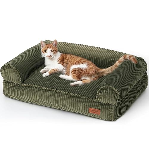 FUKUMARU Dog Couch Bed, Corduroy Cozy Cat Bed for Indoor Cats with Washable Cover, 28in Waterproof Orthopedic Dog Beds Sofa for Small Dogs and Large Cats, Cute Warm Cotton Pet Sofa, Green - Image 1