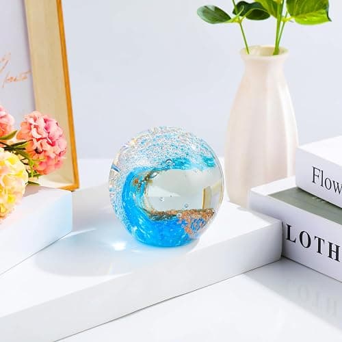 Enjinkail Hand Blown Ocean Waves Crystal Ball - Glass Collectible Figurines Spere - Paperweight Glass Ball Aquarium DecorOffice Decor Ocean Lovers thumbnail 4