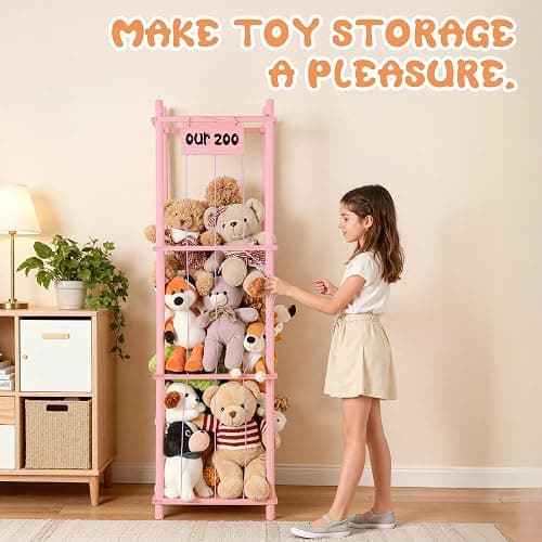 LAMU Stuffed Animal Storage, Wooden Zoo Stuffed Animal Holder with Elastic Cords, Space Save Toy Organizer, Extra Large Capacit Stuffed Animal Organizer for Playroom, Bedroom, Nursery, Pink thumbnail 8