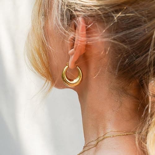 Necocy Chunky Gold Hoop Earrings for Women Non Tarnish, 14k Gold Plated Thick Triple Hoop Earrings Hypoallergenic Trendy Hoops Dainty Jewelry Gifts for Women thumbnail 3