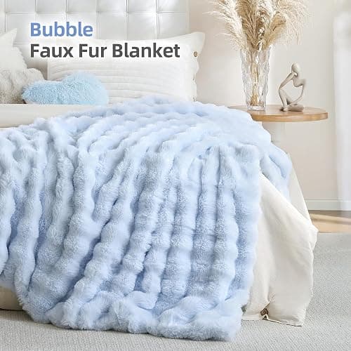 Smoofy Faux Fur Throw Blanket for Couch - Light Blue Super Soft Cozy Bubble Blanket, Fluffy Plush Fuzzy Throw for Sofa & Bed, Thick Lightweight Warm Blanket, Luxury Aesthetic Gift for Women 50"x60" thumbnail 2