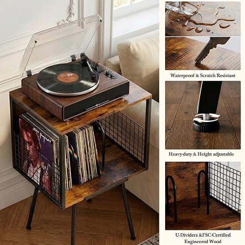 Faesun Record Player Stand with Storage Holds 100+ Vinyl Records, Industrial Turntable Stand with Storage Shelf, LP Album Organizer Cabinet for Small Spaces,Rustic End Table thumbnail 8