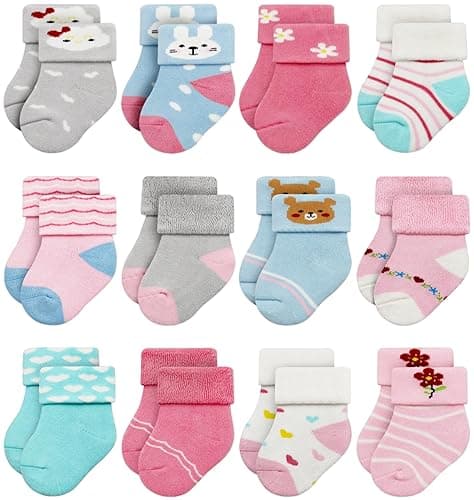 RATIVE Newborn Baby Socks 0-6,6-12 Months Terry Turn Cuff Socks for Boys Girls