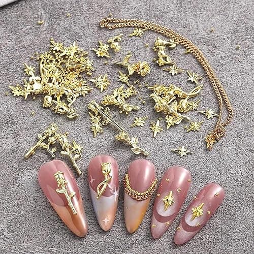 3 Box golden nail charm set with golden cross, star, rose and moon – 3D chrome nail decorations, ear studs, nail art accessories for nails, decor, handicrafts, DIY thumbnail 4
