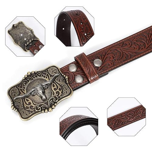 LALATCH Cowboy Cowgirl Belt Western Belts for Men Women Floral Engraved Longhorn Bull Buckle Belt for Jeans thumbnail 8