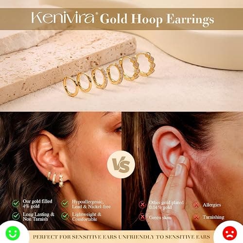 Kenivira Gold Hoop Earrings for Women Trendy，14K Gold Plated Chunky Huggie Earrings Dangling，CZ U Shape Paperclip Earrings Jewelry Gifts for Women Hypoallergenic thumbnail 5