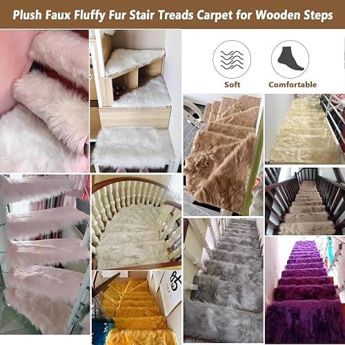 Soft Shaggy Plush Carpet Stair Treads for Wooden Steps Indoor,Non-Slip Fluffy Stair Runners Mat Staircase Rugs,Self Adhesive Stairway Grip Step Treads,Washable Stair Safety Mats Covers,Easy to Install thumbnail 3