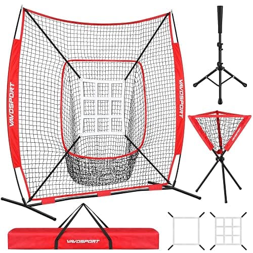 VAVOSPORT 7x7' Baseball Net Set - Portable Softball & Baseball Net, Batting Tee, Ball Caddy, Strike Zone, Training Equipment for Youth Practice - Image 1