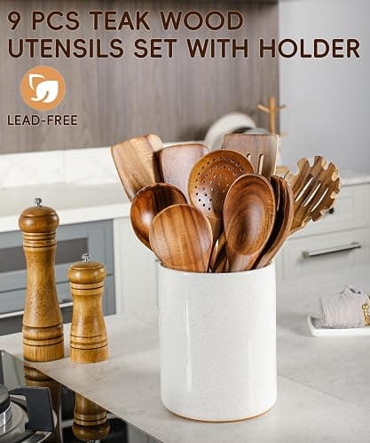 Nucookery Wooden Cooking Utensils Set with Holder, Teak Wood Utensils, Ceramic Holder for Countertop with Protection Cork Bottom, Nonstick Spoons, Cooking Spatula Set, 10 Pcs Kitchen Decor, (Sand) - Wood 10pcs - Sand (wood ) thumbnail 3