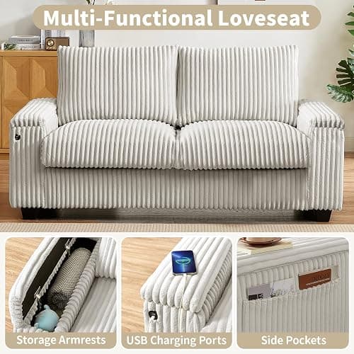 Sheng & Far 71" Loveseat Sofa with Storage Armrests & USB Charging Station | Storage Side Pockets, Sturdy Construction, Corduroy Fabric, White, for Living Room, Bedroom, Office, Apartment thumbnail 4