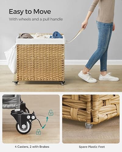SONGMICS Laundry Hamper with Lid, 37 Gallons (140 L), Rolling Laundry Basket with Wheels, 3-Section Synthetic Rattan, Removable Liner, Bedroom, 26 x 13 x 26 Inches, Natural ULCB363N01 thumbnail 5