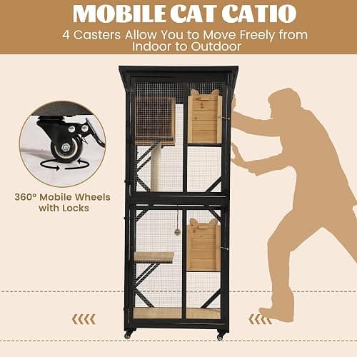 MAGIC UNION 71" Catio Outdoor Cat Enclosure Window Access, 4 Tiers Cats Playpen Catio with Wheels, Resting Box & Waterproof Roof, Indoor Large Cat House Cage with Scratching Post Sisal Ball (Black) thumbnail 8