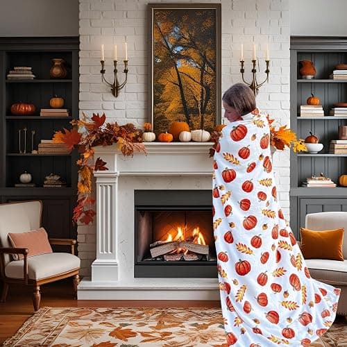 Home Decor Farmhouse Fall Fleece Throw Blanket: Harvest Pumpkins Leaves and Wheat on Velvet Fleece, Oversized Measures 70" inches x 50" inches | Oversized, Fall, Harvest, Home Decor thumbnail 4