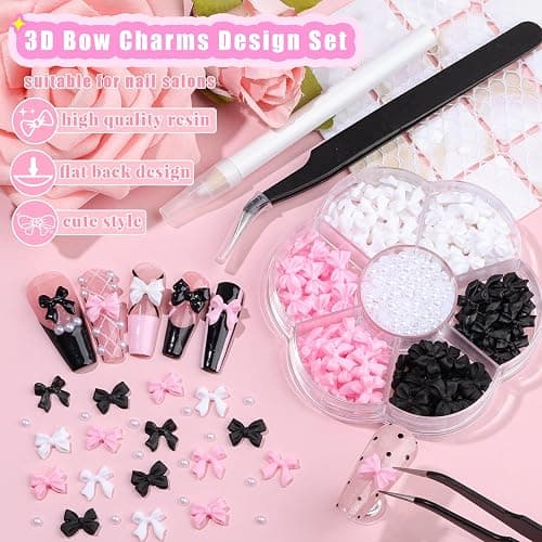 Charms Kit for Nails, 400Pcs Bow and Flatback Pearls Set, 3D Acrylic Rhinestones for Nails Art Design, Pink Black White Bowknot Gems for DIY Crafts, Manicure Decoration Supplies thumbnail 5