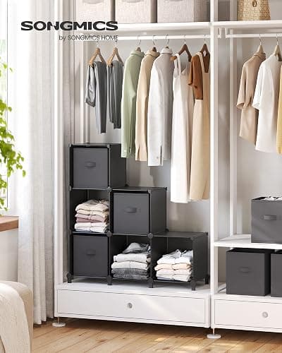 SONGMICS Cube Storage Organizer with Storage Boxes, 6-Cube Organizer, 6 Collapsible Non-Woven Fabric Bins, Customizable, Space-Saving, Living Room, Ink Black and Dove Gray ULPC062B01 thumbnail 2