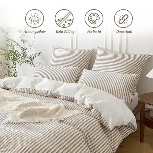 SOULFUL Bettwäsche 220x240 Baumwolle Gestreift, Jacquard Gewaschene Baumwolle Boho Bettwäsche-Sets Ästhetisches Kontrastdesign mit Reißverschluss-Braun thumbnail 2