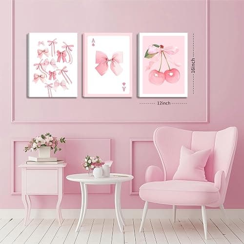 Trendy Pink Bows Canvas Wall Art Set of 3, Vintage Preppy Cherry Posters Prints, Pink Girly Room Aesthetic Wall Decor Painting for College Apartment Living Room Bedroom 12x16 In Framed thumbnail 4