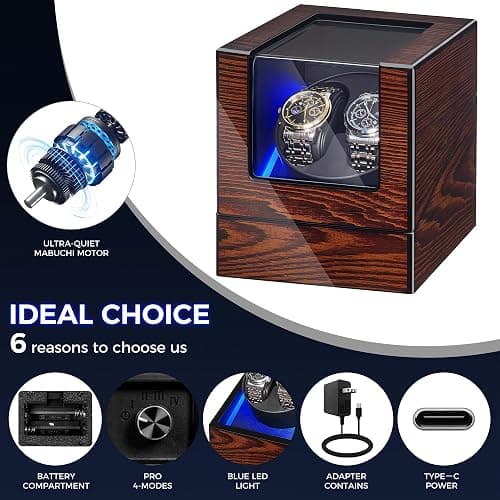 BEWISHOME Remontoir Montre Automatique avec éclairage LED, Boite Remontoir pour Montre Automatique avec Moteur Silencieux, 4 Modes, Alimentation par Batterie ou Adaptateur Type-C, ESYQ02Y thumbnail 3