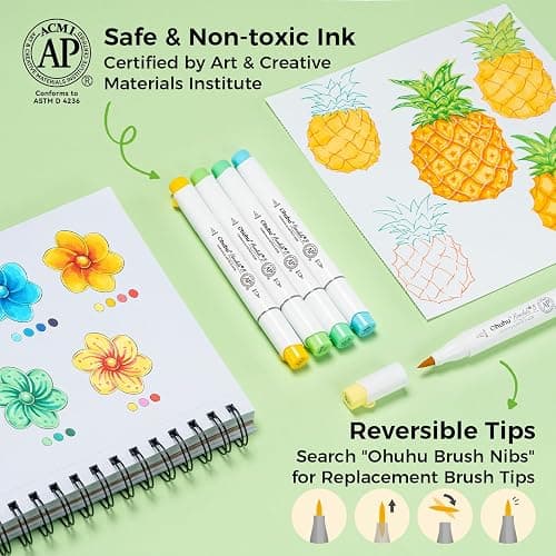 Ohuhu Alcohol Markers Brush and Fine Tip - 48-Color Alcohol-based Art Sketch Marker Set for Artist Adults Coloring Illustration - Brush and Fine Dual Tips- Honolulu 2B - Refillable - AP Certificated thumbnail 6