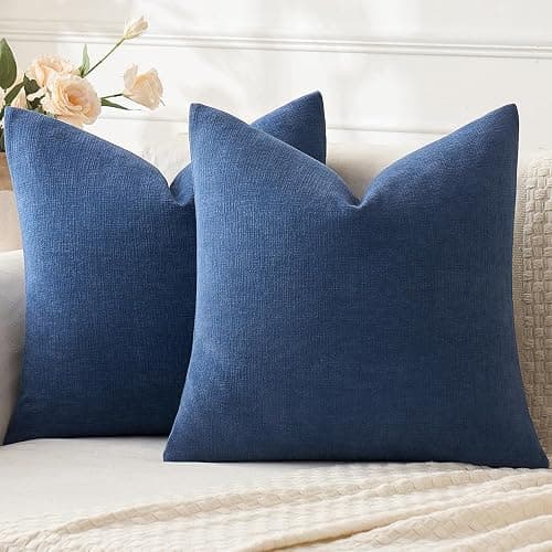 MIULEE Navy Blue Couch Pillow Covers 18x18 Inch, Set of 2 Soft Chenille Decorative Square Throw Pillow Covers Farmhouse for Sofa Living Room Bed - 18" x 18" (Pack of 2) - Navy Blue - Image 1