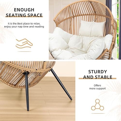 Vongrasig Outdoor Wicker Egg Chair PE Rattan Chair with Cushion, Oversized Patio Lounge Chair for Outdoor, Indoor, Balcony, Backyard, Garden, Beige thumbnail 6